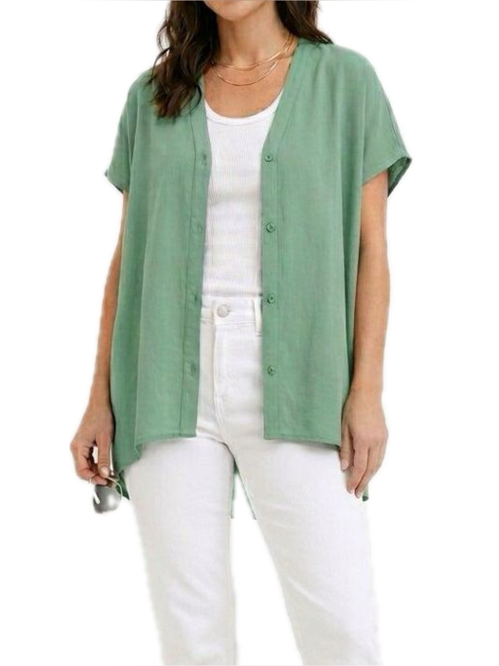 Ellos Linen-Blend V-Neck Button-Front Oversized Tunic in Antique Jade
